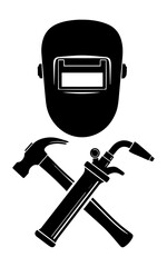 Welding mask with crossed hammer and torch tools in black and white.