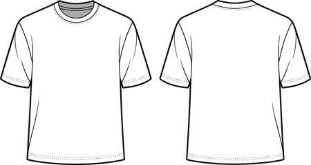 Classic crew neck t-shirt flat front and back, blank short sleeve apparel template, clean fashion technical sketch, sewing stitch detail, vector cad drawing illustration