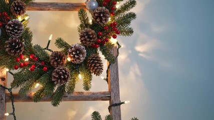 Festive Holiday Decor Pine Cones, Berries, and Twinkling Lights on Rustic Ladder - Powered by Adobe