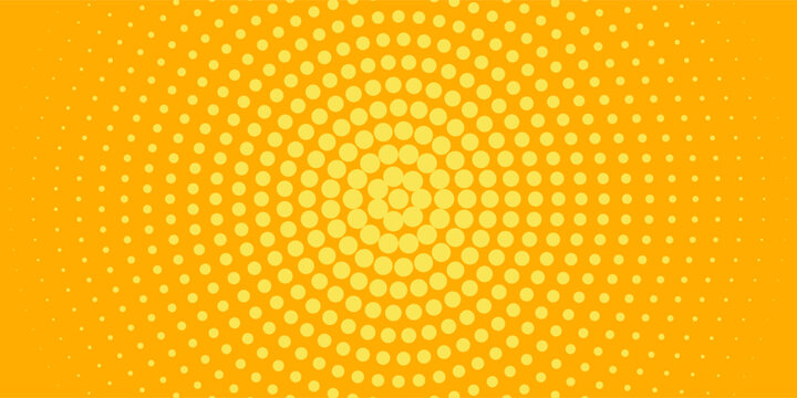 Yellow halftone pattern. Retro comic gradient background. Bright orange pixelated dotted texture overlay. Cartoon pop art faded gradient pattern. Vector backdrop for poster, vector eps10