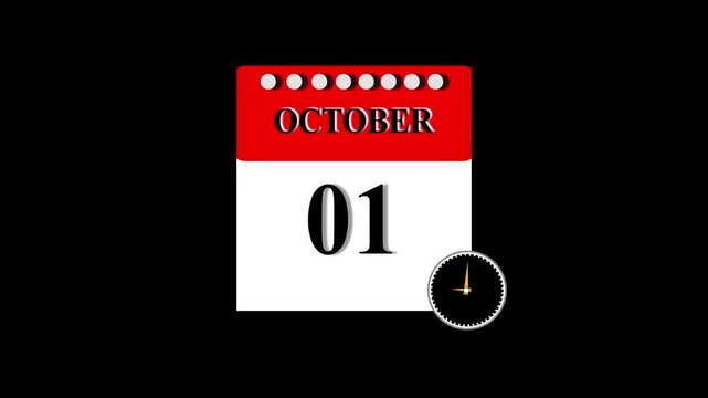 01 October month calendar with time symbol. Simple calendar icon animation and date change of time month.