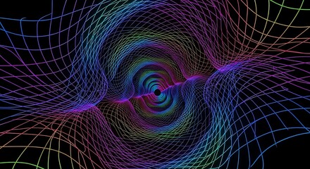 Abstract digital art featuring a vibrant, swirling vortex of rainbow-colored lines against a dark background, creating an illusion of depth and motion.