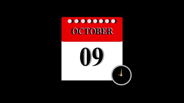 09 October month calendar with time symbol. Simple calendar icon animation and date change of time month.