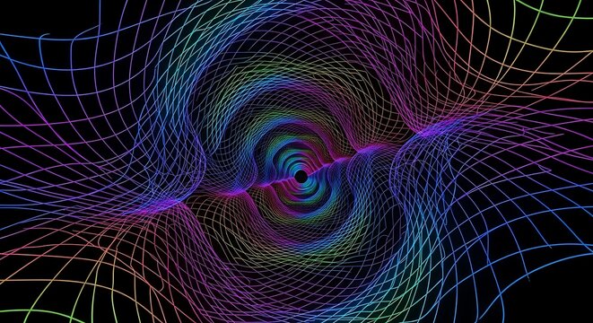 Abstract digital art featuring a vibrant, swirling vortex of rainbow-colored lines against a dark background, creating an illusion of depth and motion.