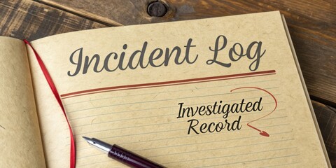 Incident Log Notebook with Pen on Wooden Table for Documenting Investigated Record and Important Notes