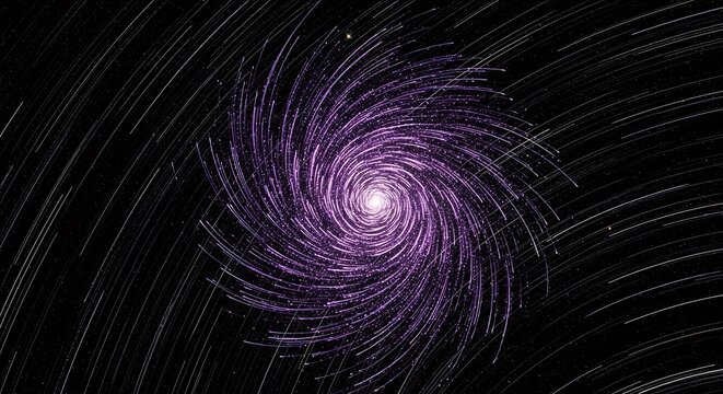 A mesmerizing digital artwork depicting a swirling vortex of purple and white particles against a dark background.