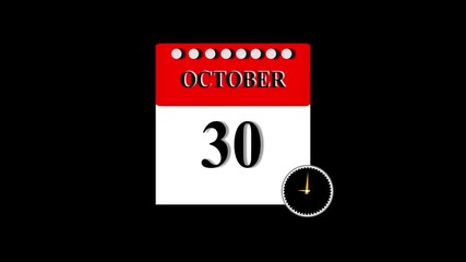 30 November Date Calendar Icon Animation ,November month 30 date calendar icon clock animation. Digital calendar month concept design. Alpha matte with transparent background 4K resolution. 