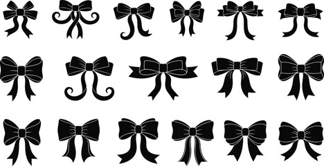 Fototapeta premium Decorative Bow Icon Set, Collection of Black Silhouette Ribbons, Various Styles for Gifts, Christmas, Celebration, Fashion, and Packaging Design Vector Elements