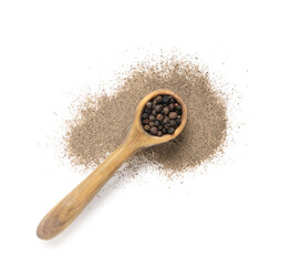 Wooden spoon with peppercorns and black pepper powder on white background
