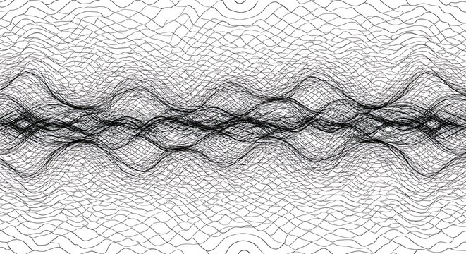 Abstract monochrome background with intricate, overlapping wavy lines creating a dynamic soundwave or energy pattern.