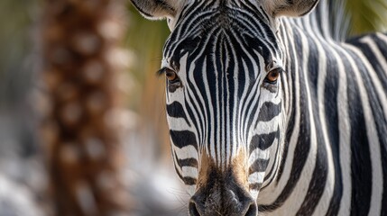 Obraz premium Zebra with striking black and white stripes standing near tropical plants in a sunny environment