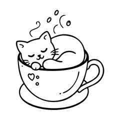 Adorable black and white line art illustration of a cute kitten peacefully sleeping curled up inside a steaming coffee cup conveying warmth and coziness
