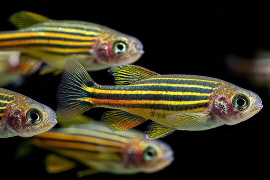 Colorful zebra danios swimming in a dark aquarium setting during a typical afternoon
