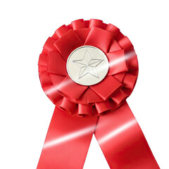 Red Ribbon Award Rosette with Silver Star Medallion and Two Dangling Ribbons Isolated on Black Background