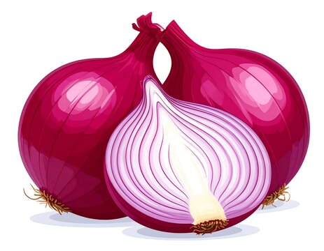 Three red onions, one cut in half, showcasing internal layers
