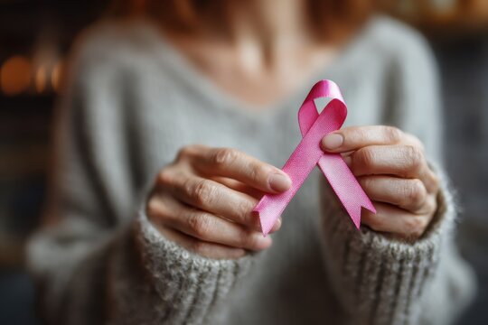 Woman holds pink ribbon symbolizing breast cancer awareness in cozy indoor setting during autumn