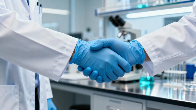 Close up handshake between medical professionals in white lab coats symbolizing partnership and cooperation in modern clinical laboratory