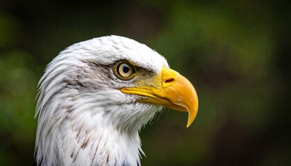 Fototapeta premium Close-up portrait of a majestic bald eagle, showcasing its sharp yellow beak, intense gaze, and white feathered head against a blurred green background.
