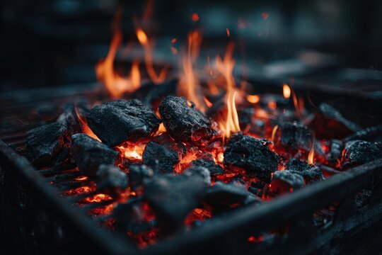 Charcoal burning and glowing embers spark warmth during evening grilling in an outdoor setting
