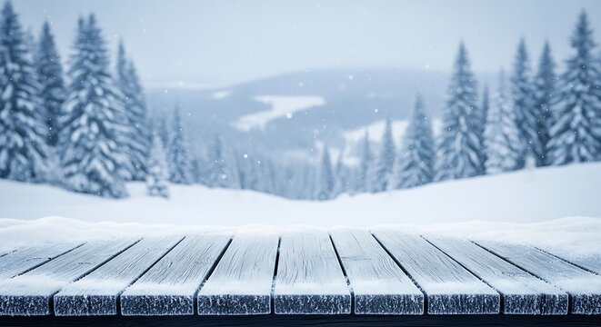 Empty wooden table covered in fresh snow. blurry winter forest background with frosted pine trees, snowy hills, and falling snowflakes, creating a serene holiday scene. - Powered by Adobe