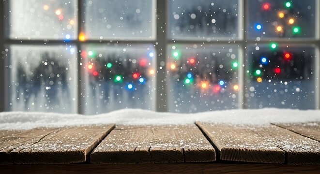 Cozy winter scene with rustic wooden table and snow, featuring blurred frosted window, falling snowflakes, and festive christmas lights bokeh