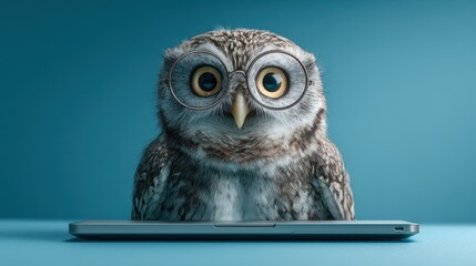 Owl with glasses sits in front of laptop on blue background, a scene of study and curiosity