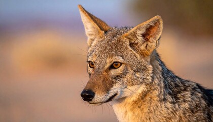 Fototapeta premium Close-up portrait of a black-backed jackal with sharp ears and intense gaze, set against a blurred, natural background in warm, golden light.