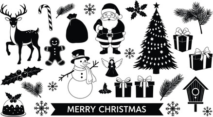 Merry Christmas silhouette bundle with Santa Claus, reindeer, snowman, Christmas tree, gifts, holly, snowflakes, festive holiday decorations, vector illustration