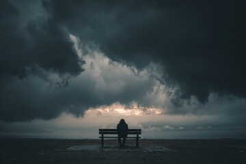 Obraz premium Lonely figure sits on a bench beneath dark clouds at dusk, reflecting on life in a quiet moment of solitude