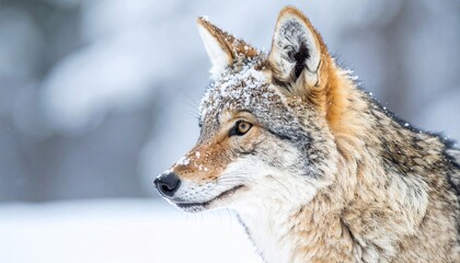 Fototapeta premium Close-up portrait of a coyote in a snowy environment, looking alert and focused with snow on its fur.