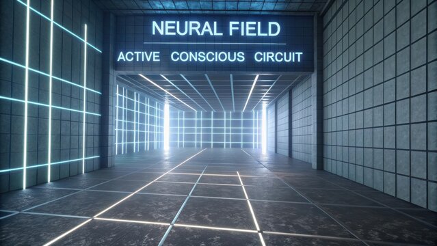 Neon-lit corridor in futuristic design with glowing lines and high-tech theme representing neural field and active circuit
