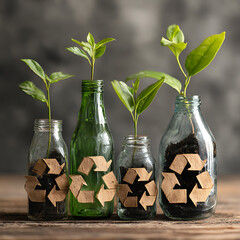 Recycled Glass Bottles with Growing Plants for Eco Sustainability