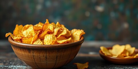 A rustic bowl overflowing with crispy potato chips,  kitchen,  green
