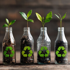Recycled Glass Bottles with Growing Plants for Eco Sustainability