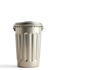 A solitary, metallic trash can against a clean white background,  isolated, trash can