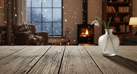 Cozy winter interior: a rustic wooden table with a snowdrop vase, a warm fireplace, armchair, and snow falling outside a window, offering comfort and peace.