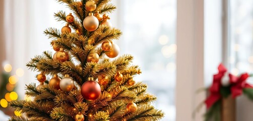 A shimmering gold Christmas tree, adorned with elegant ornaments, stands against a soft, bokeh background,  gold tree,  winter holidays