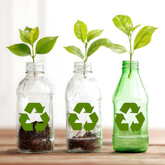 Recycled Glass Bottles with Growing Plants for Eco Sustainability