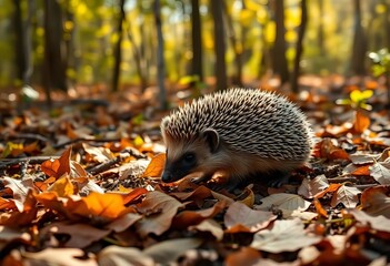 A tiny hedgehog ambles through a sun-dappled forest, foraging amongst fallen leaves,  forest,  peaceful