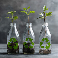 Recycled Glass Bottles with Growing Plants for Eco Sustainability