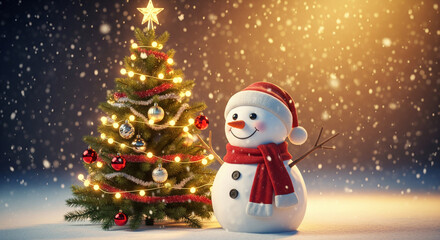Fototapeta premium A snowman under the snow near an elegant Christmas tree