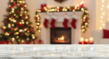 Empty white marble table with a festive blurred christmas living room background, featuring a decorated tree, glowing fireplace, and sparkling holiday lights