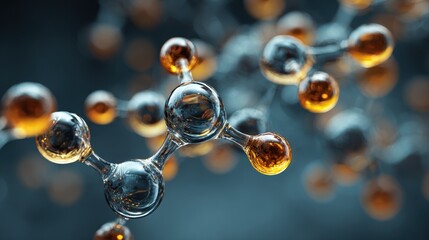 Molecular structure displaying interconnected atoms with vibrant colors in a dark, blurred background