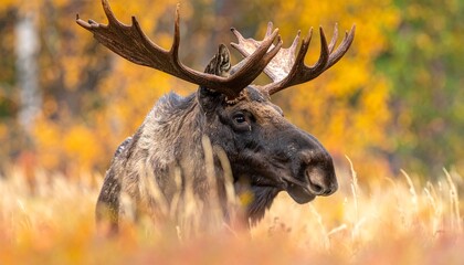 Majestic bull moose with large antlers rests amidst vibrant autumn foliage, observing surroundings.