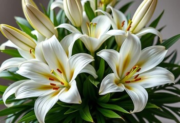 Elegant bouquet of pristine white lilies, lush green foliage,  background,  delicate