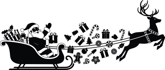 Santa Claus riding sleigh with reindeer and flying gifts, Christmas holiday silhouette illustration, festive winter vector design, black and white artwork