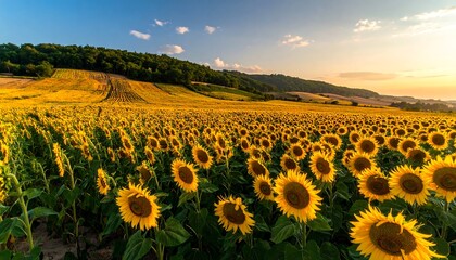 Vibrant Sunflower Field at Sunset - A Golden Landscape of Summer.