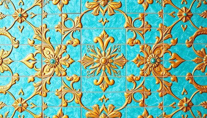 Intricate floral design in turquoise and gold ceramic tiles, luxury, surface