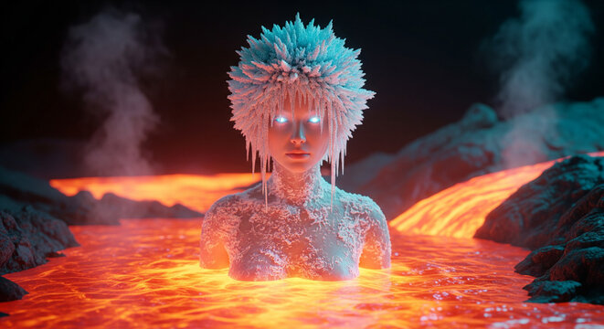 An icy woman with glowing eyes in a red-hot lava