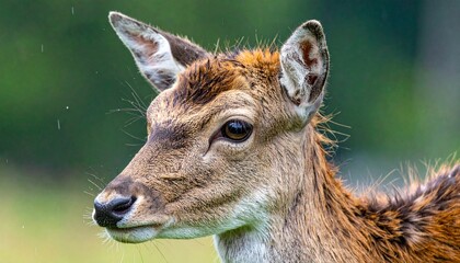 Close-up portrait of a young deer, showcasing its detailed facial features and attentive gaze.